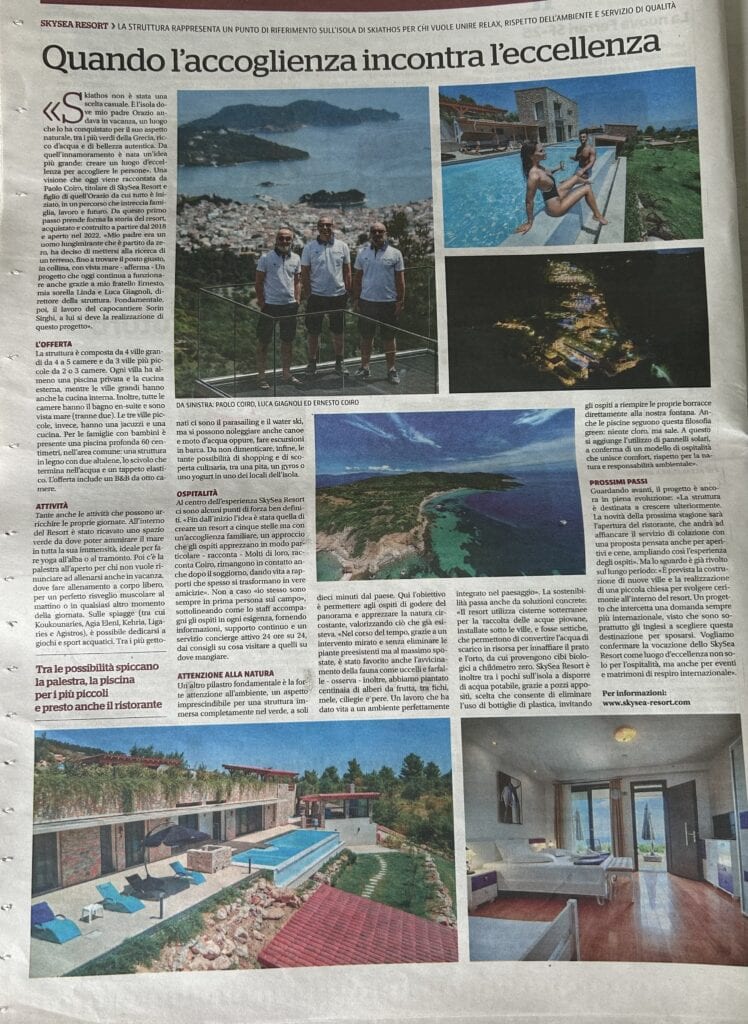 "la Repubblica" racconta SkySea Resort a Skiathos. Un riconoscimento che parla del lavoro, della visione e delle persone che ci scelgono